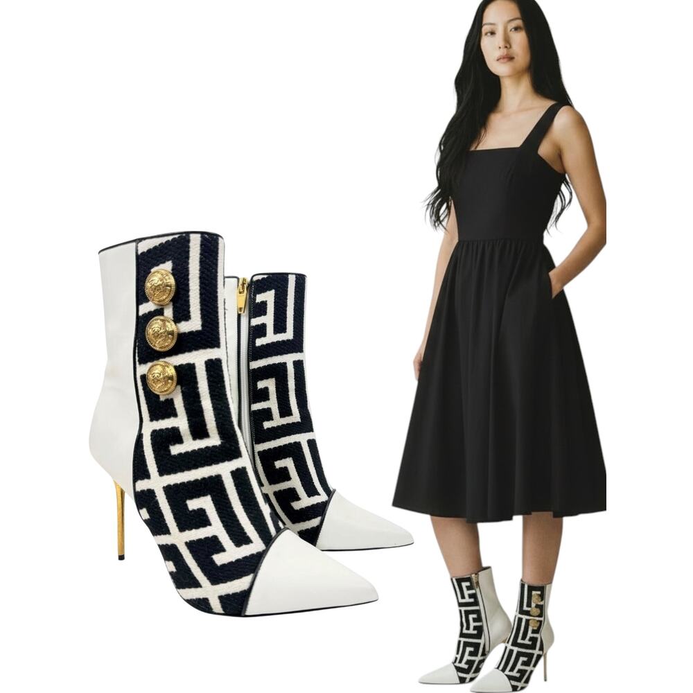 Balmain Roni Monogram Jacquard Leather Ankle Booties White Size 37.5
